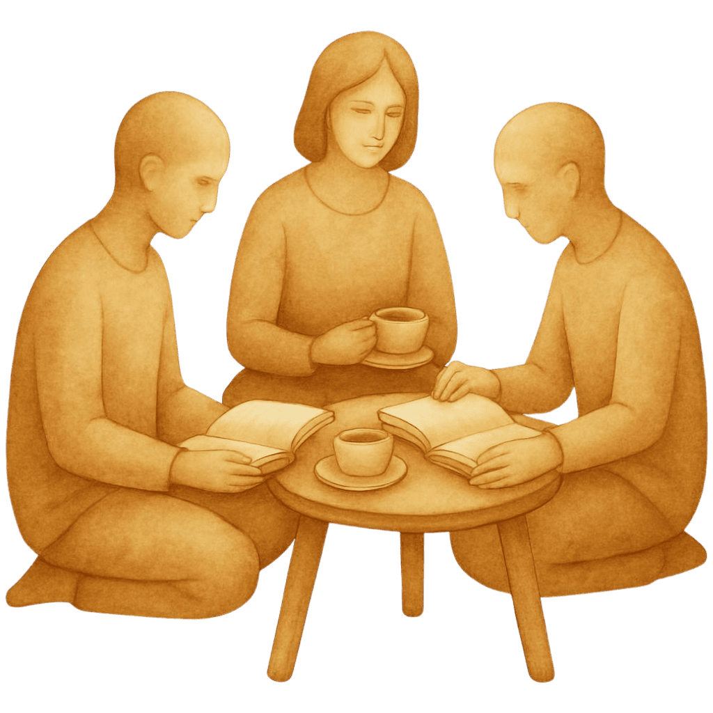 Three figures reading together at a table
