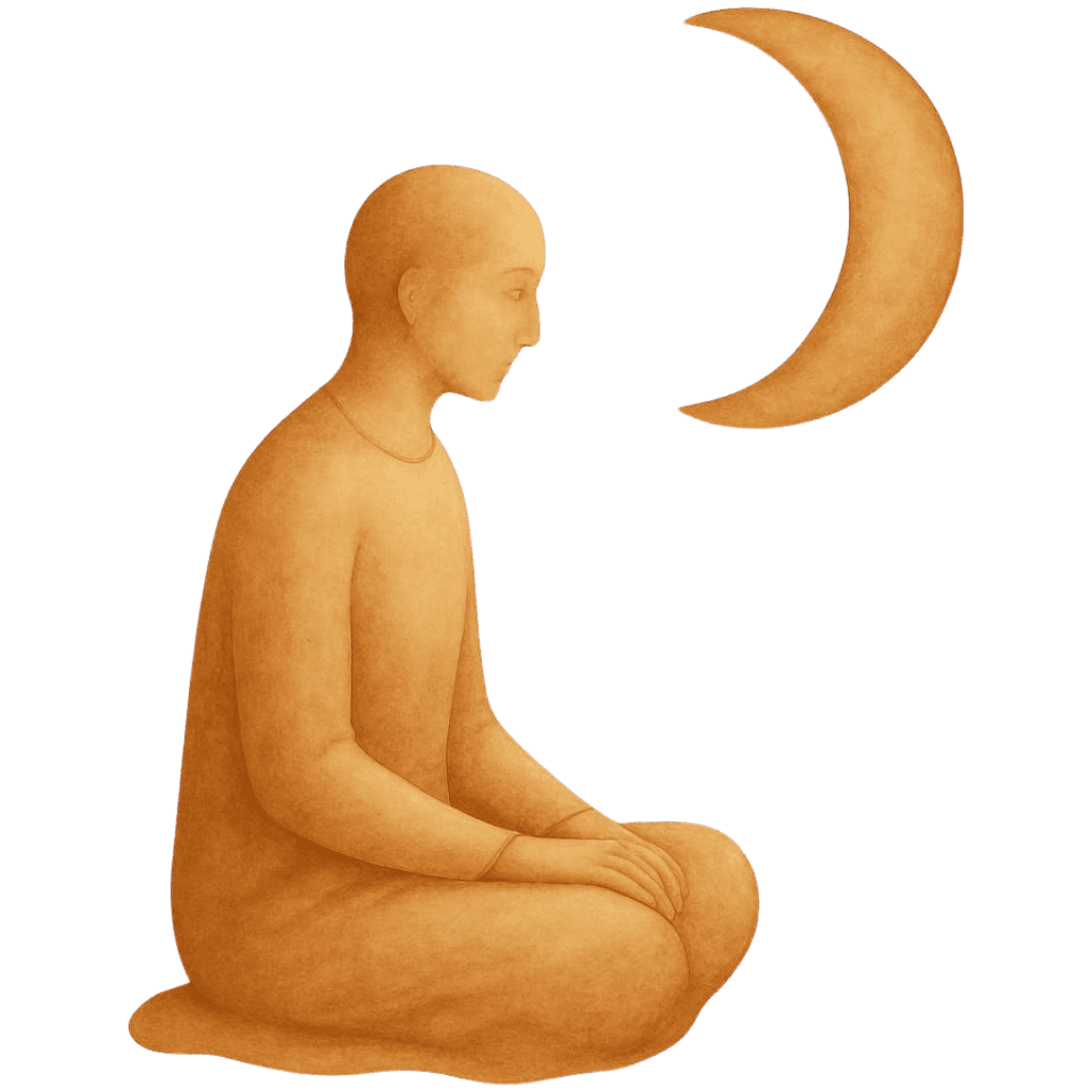 A seated figure looking up at a crescent moon